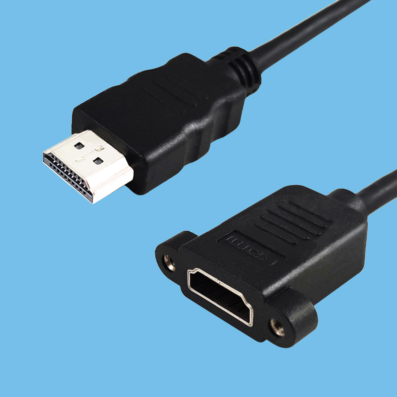 HDMI 公母连接器 镀镍外壳 母端带螺母，用于扩展连接固定，尺寸 0.3MT ~ 3.0MT 黑色外壳